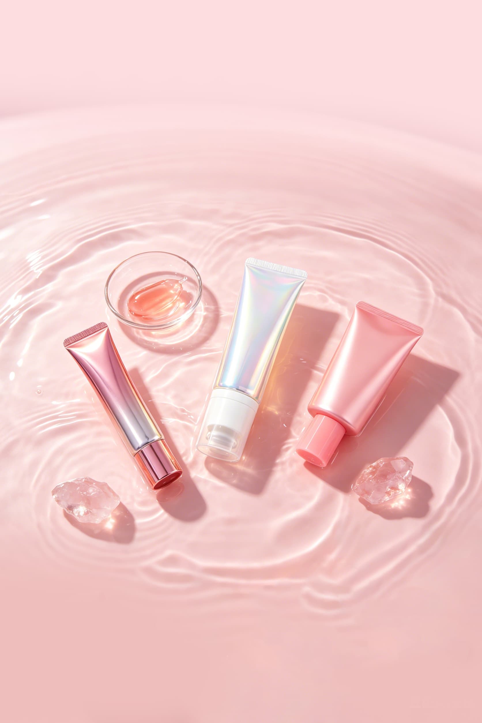 หลอดสกินแคร์โทนชมพูและมุกวางบนพื้นน้ำสีชมพู