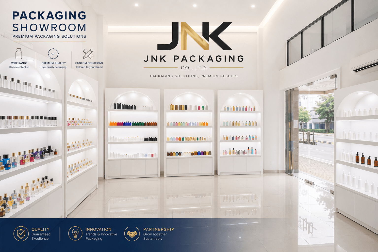 บรรยากาศโชว์รูม JNK Packaging พร้อมชั้นวางตัวอย่างบรรจุภัณฑ์หลายหมวด